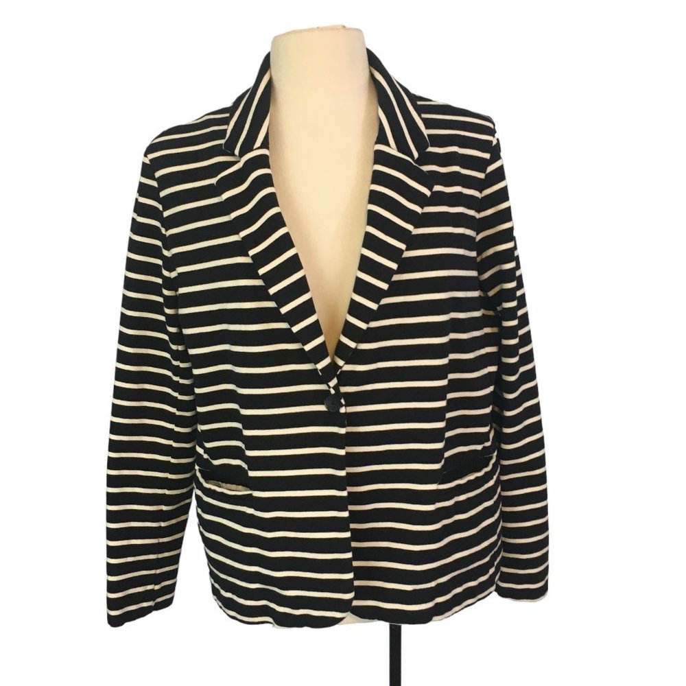 A New Day Womens Plus Black White Horizontal Striped‎ Cotton Knit Blazer, XXL